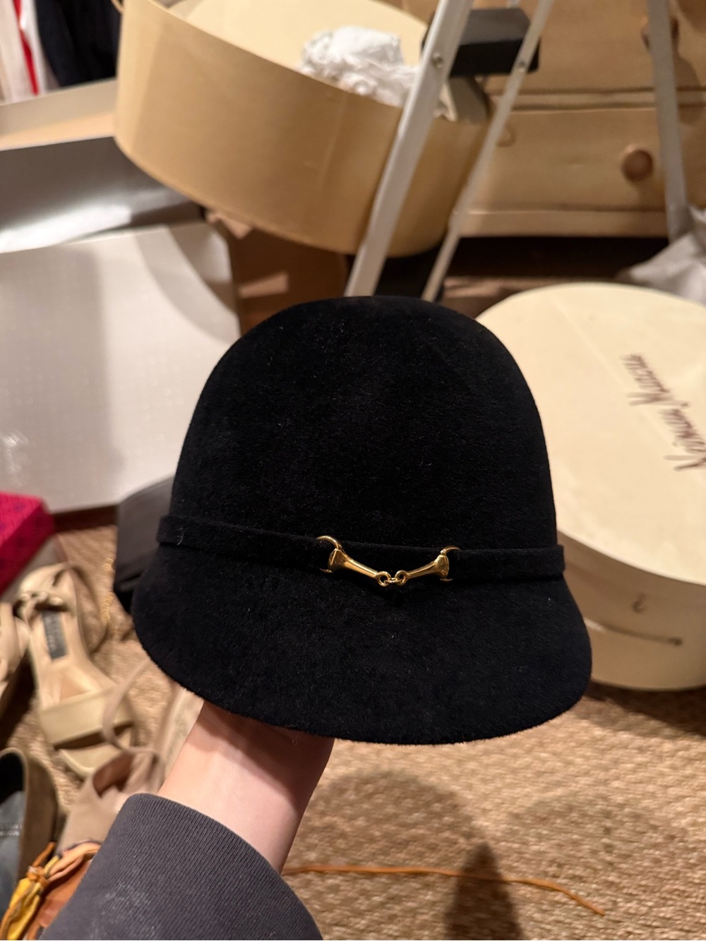 Black Felt Cloche Hat with Gold Bit Detail